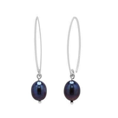 Cultured Black Freshwater Pearl Simple Sweep Earrings in Sterling Silver (8mm pearls)