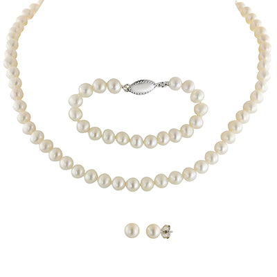 Childrens Freshwater Pearl Earrings Necklace and Bracelet Set in Sterling Silver (5-6mm pearls)