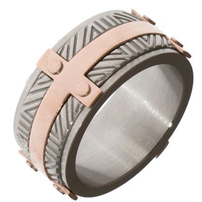 Hollis Bahringer Sante Fe Mens Ring in Stainless Steel with Rose Tone Bar Accent