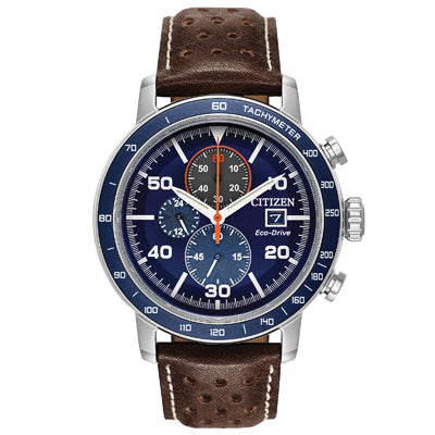 Citizen Brycen Chronograph Watch with Blue Dial and Brown Leather Strap (44mm and eco drive movement)