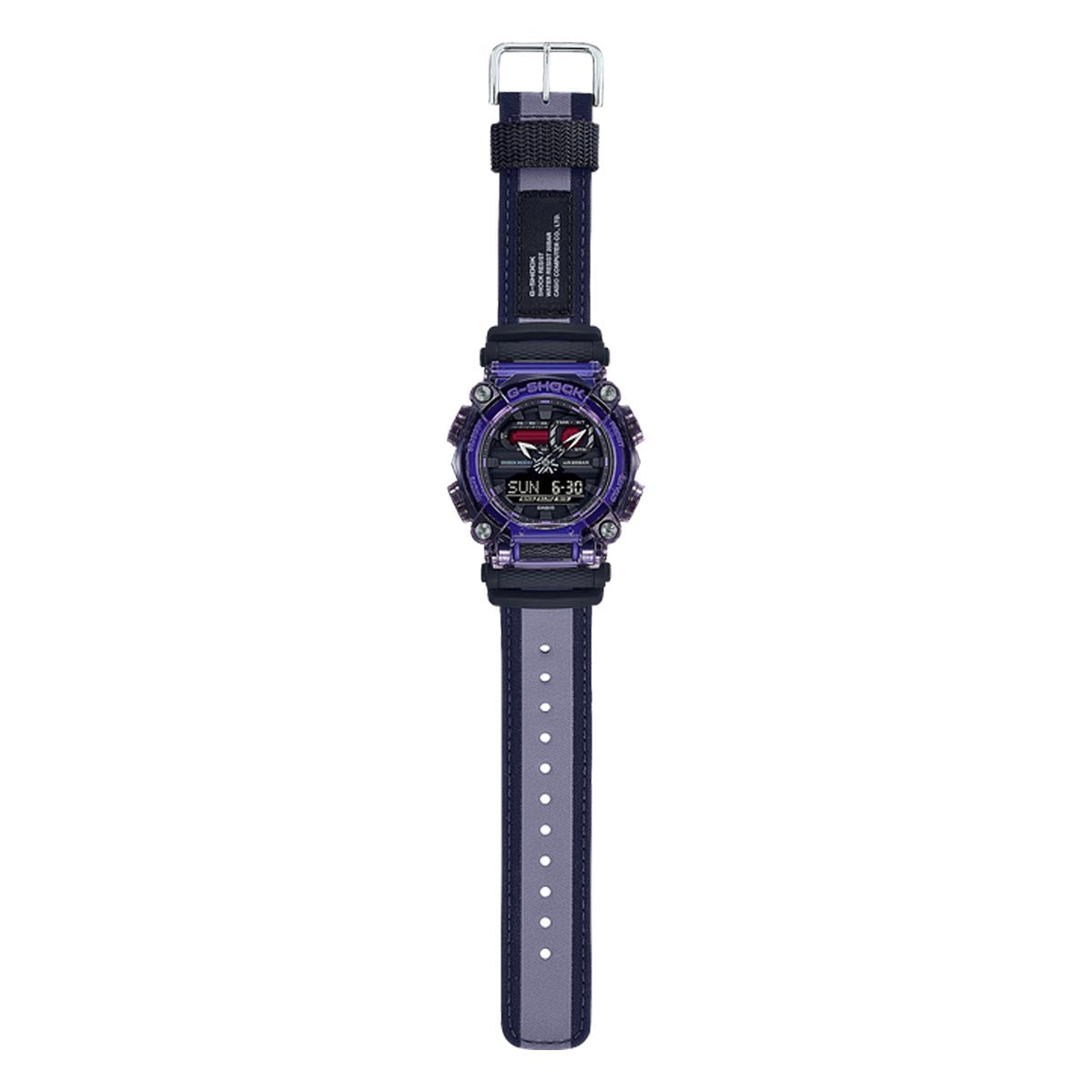 G Shock Mens Watch with Black Dial and Purple and Blue Canvas Strap (quartz movement)