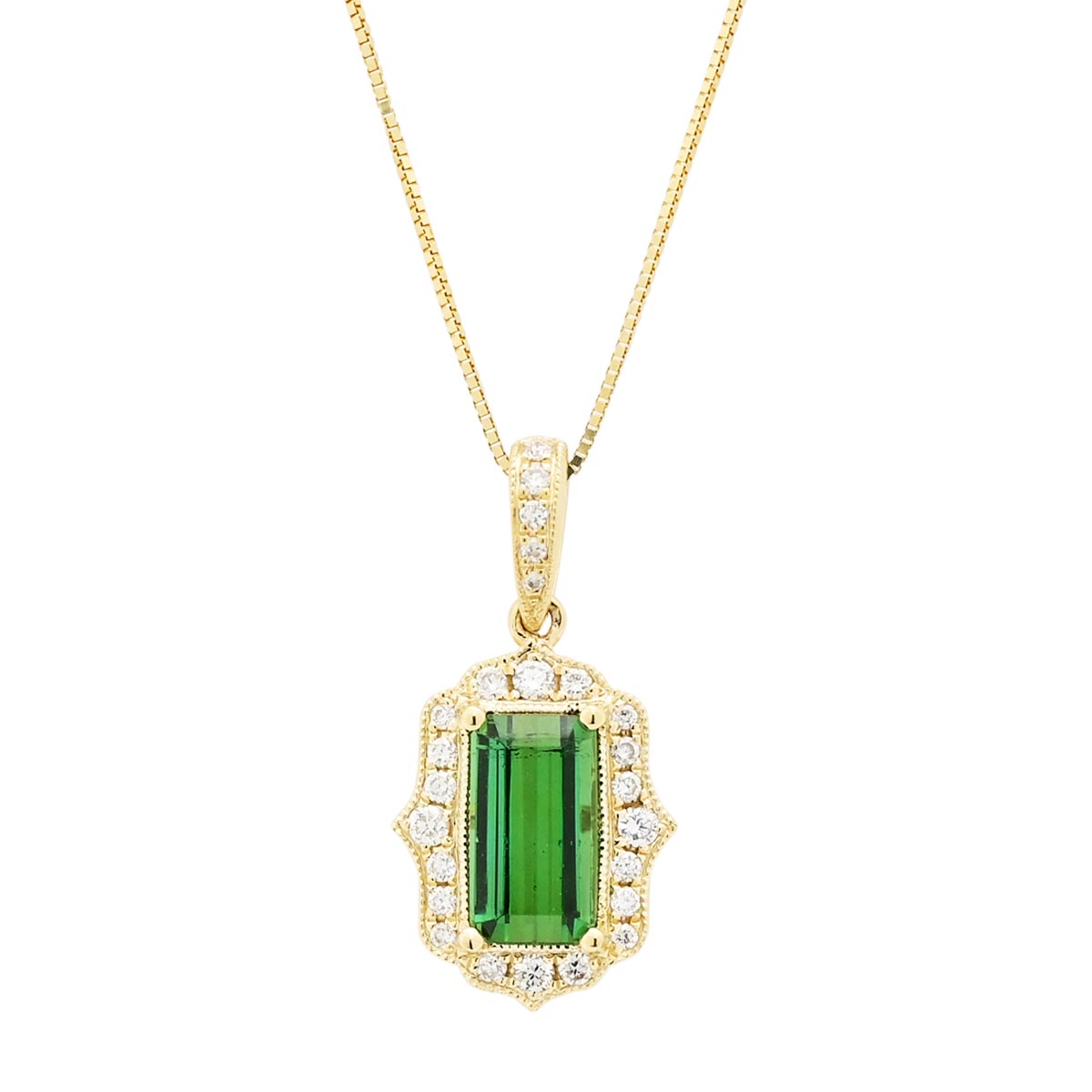 Maine Green Tourmaline Necklace in 14kt Yellow Gold with Diamonds 1 5 Day s Jewelers