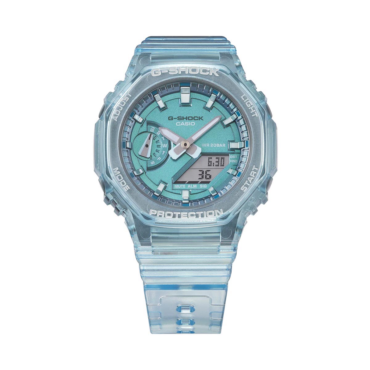 G Shock Womens Watch with Blue Dial and Transparent Blue Resin Strap (quartz movement)