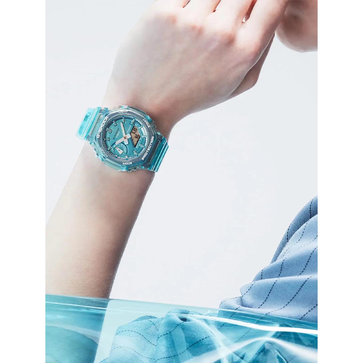 G Shock Womens Watch with Blue Dial and Transparent Blue Resin Strap (quartz movement)