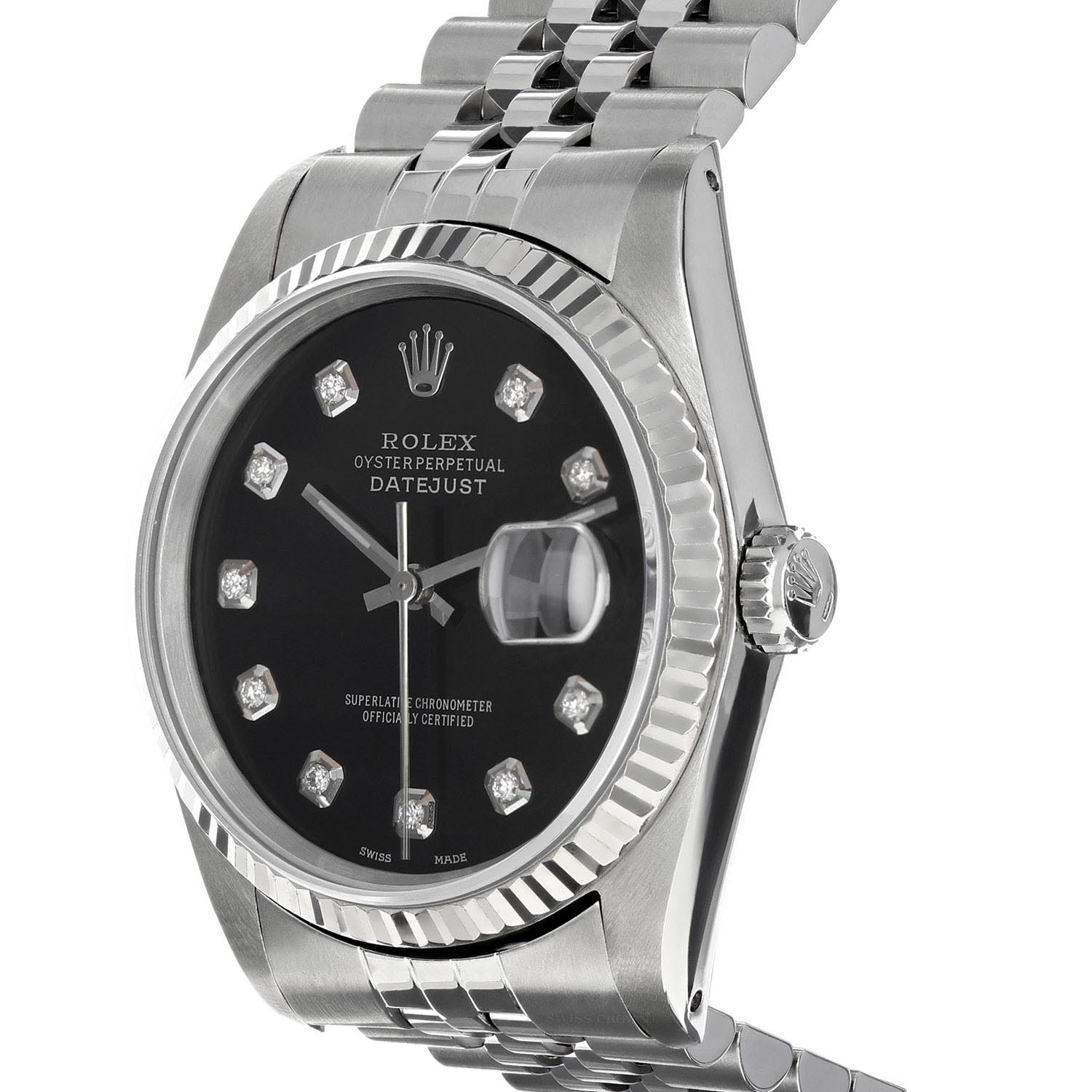 Pre Owned Rolex Oyster Perpetual Datejust with Black Diamond Dial and 18kt White Gold Fluted Bezel and Stainless Steel Jubilee Bracelet (automatic movement)