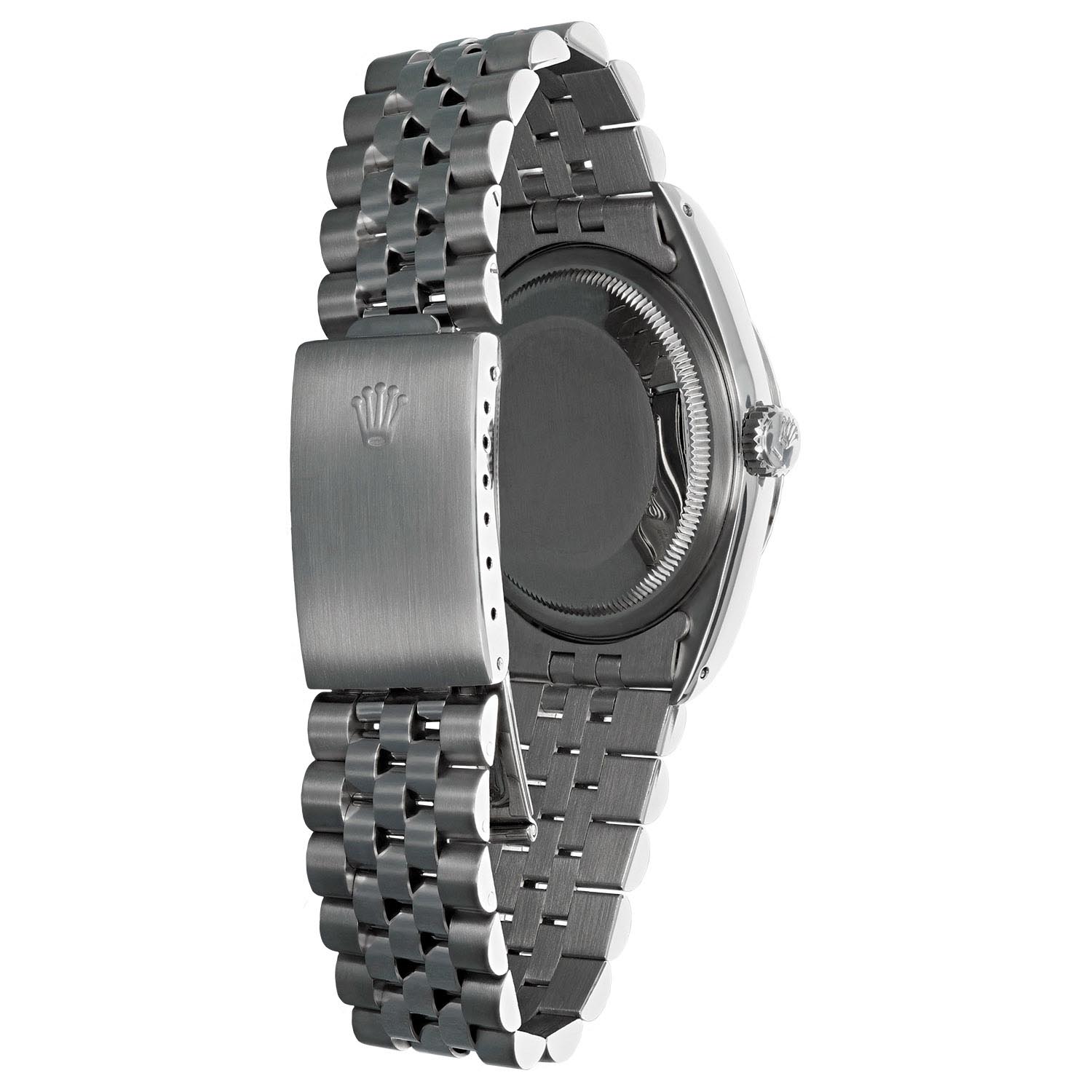 Pre Owned Rolex Oyster Perpetual Datejust with Black Diamond Dial and 18kt White Gold Fluted Bezel and Stainless Steel Jubilee Bracelet (automatic movement)