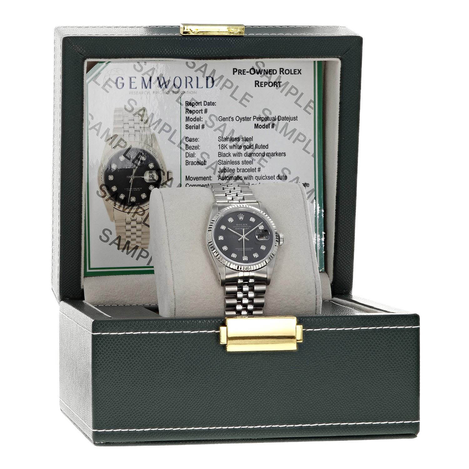 Pre Owned Rolex Oyster Perpetual Datejust with Black Diamond Dial and 18kt White Gold Fluted Bezel and Stainless Steel Jubilee Bracelet (automatic movement)