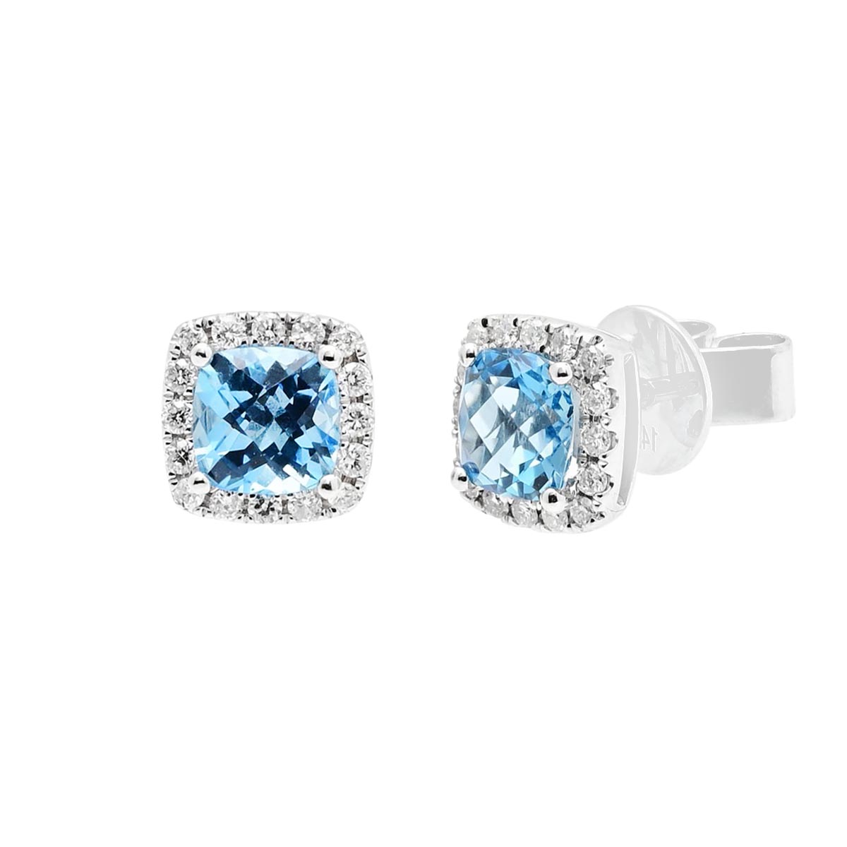 Cushion Blue Topaz Halo Stud Earrings in 14kt White Gold with