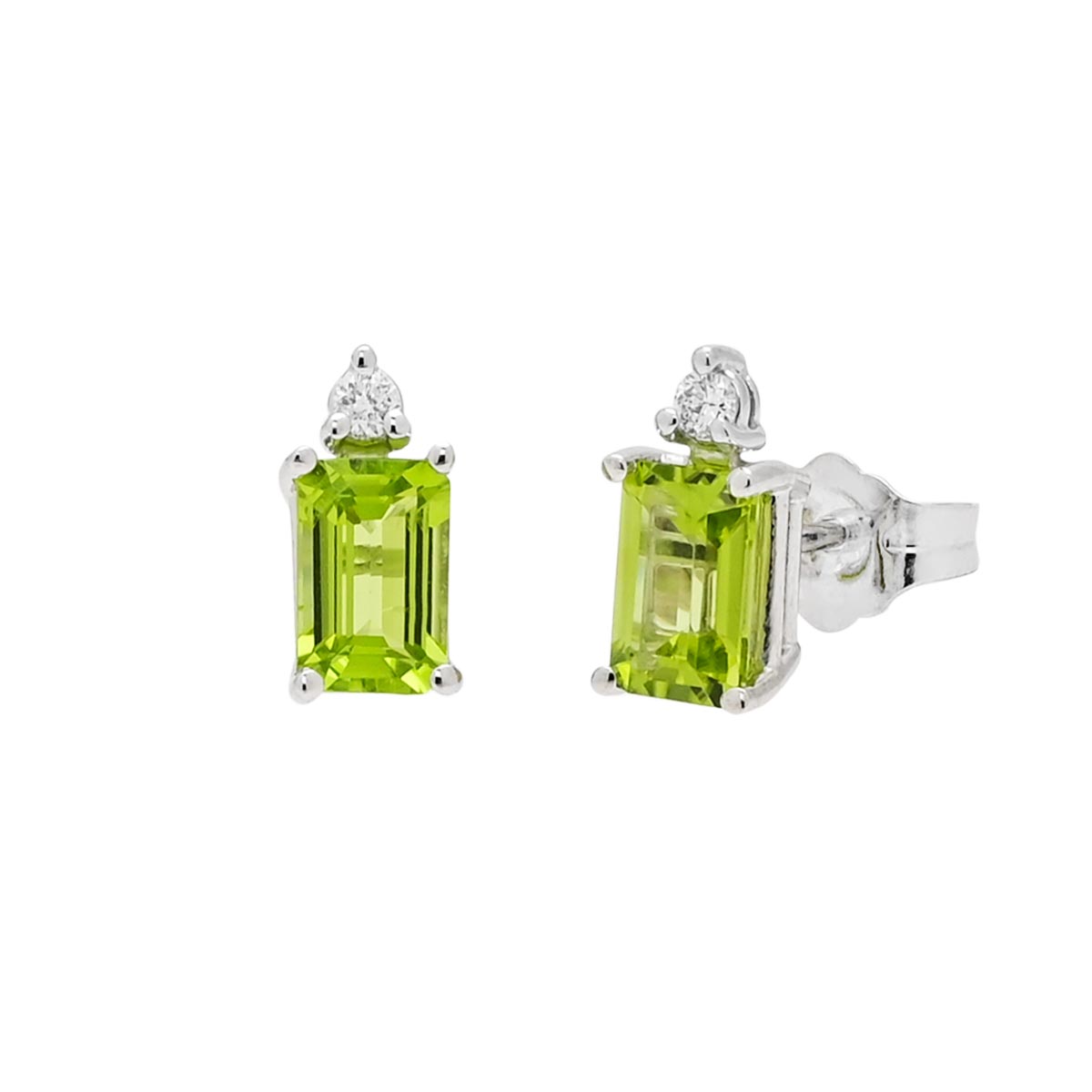 Radiant Cut Peridot Earrings in 14kt White Gold with Diamonds (.04ct tw)