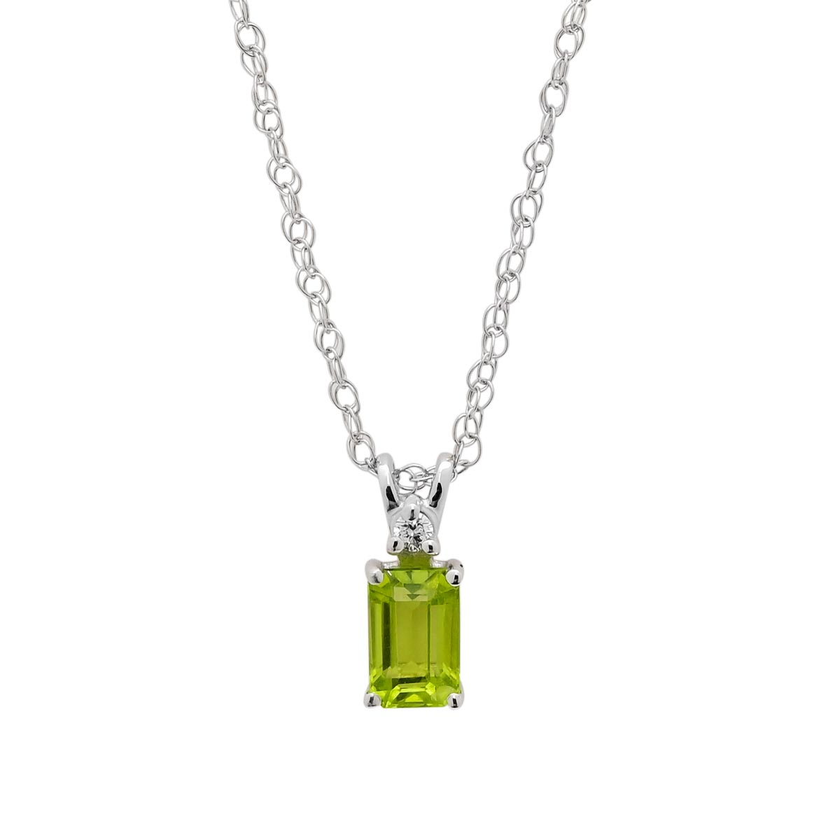 Radiant Cut Peridot Necklace in 14kt White Gold with Diamond