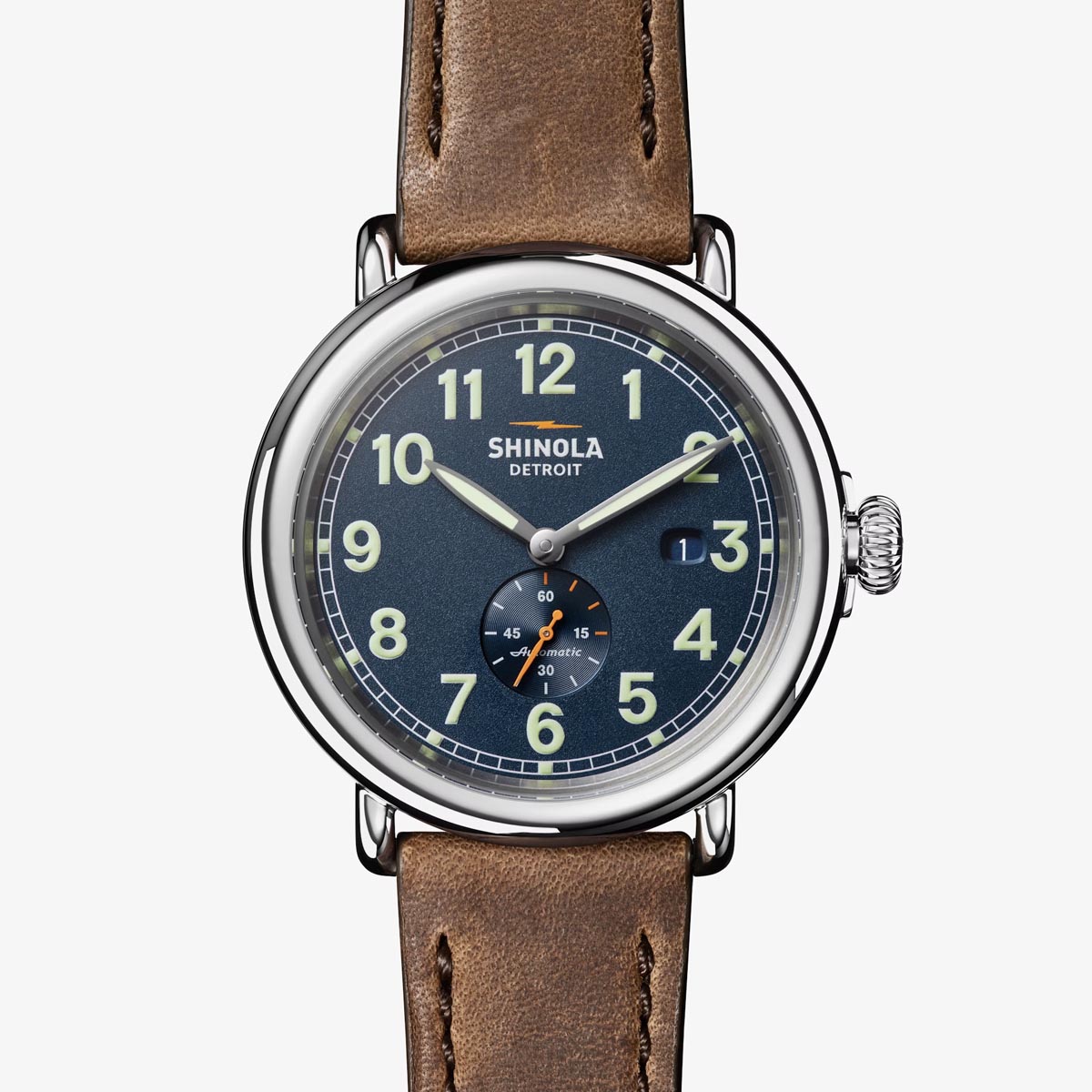 Shinola Runwell Automatic Watch with Blue Dial and Tan Leather