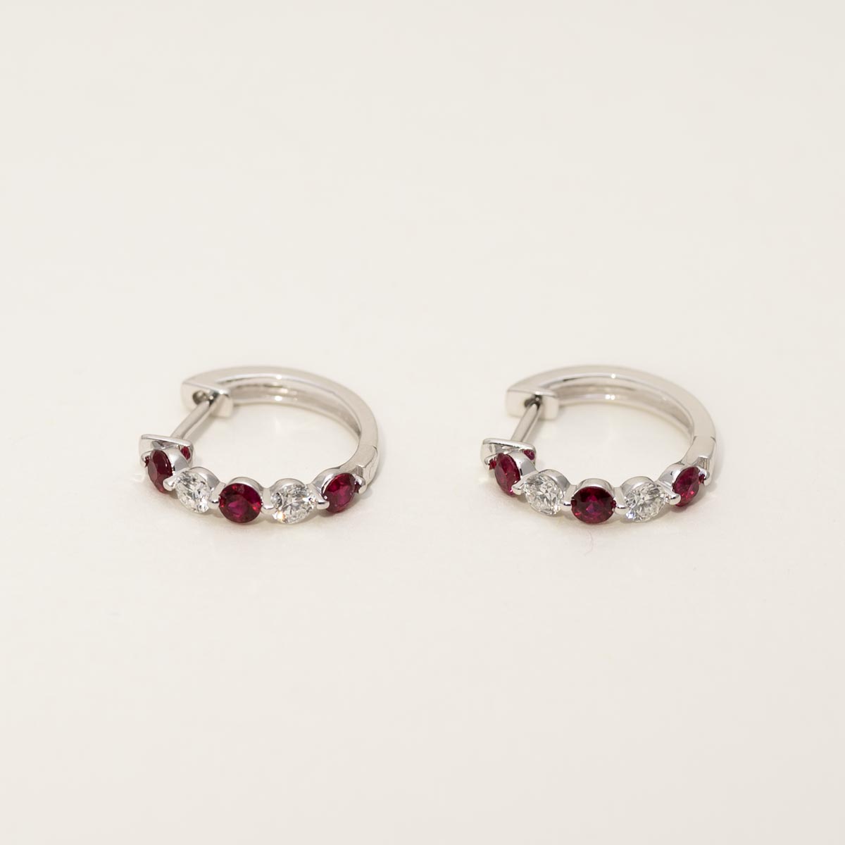 Ruby Hoop Earrings in 14kt White Gold with Diamonds 1 3ct tw