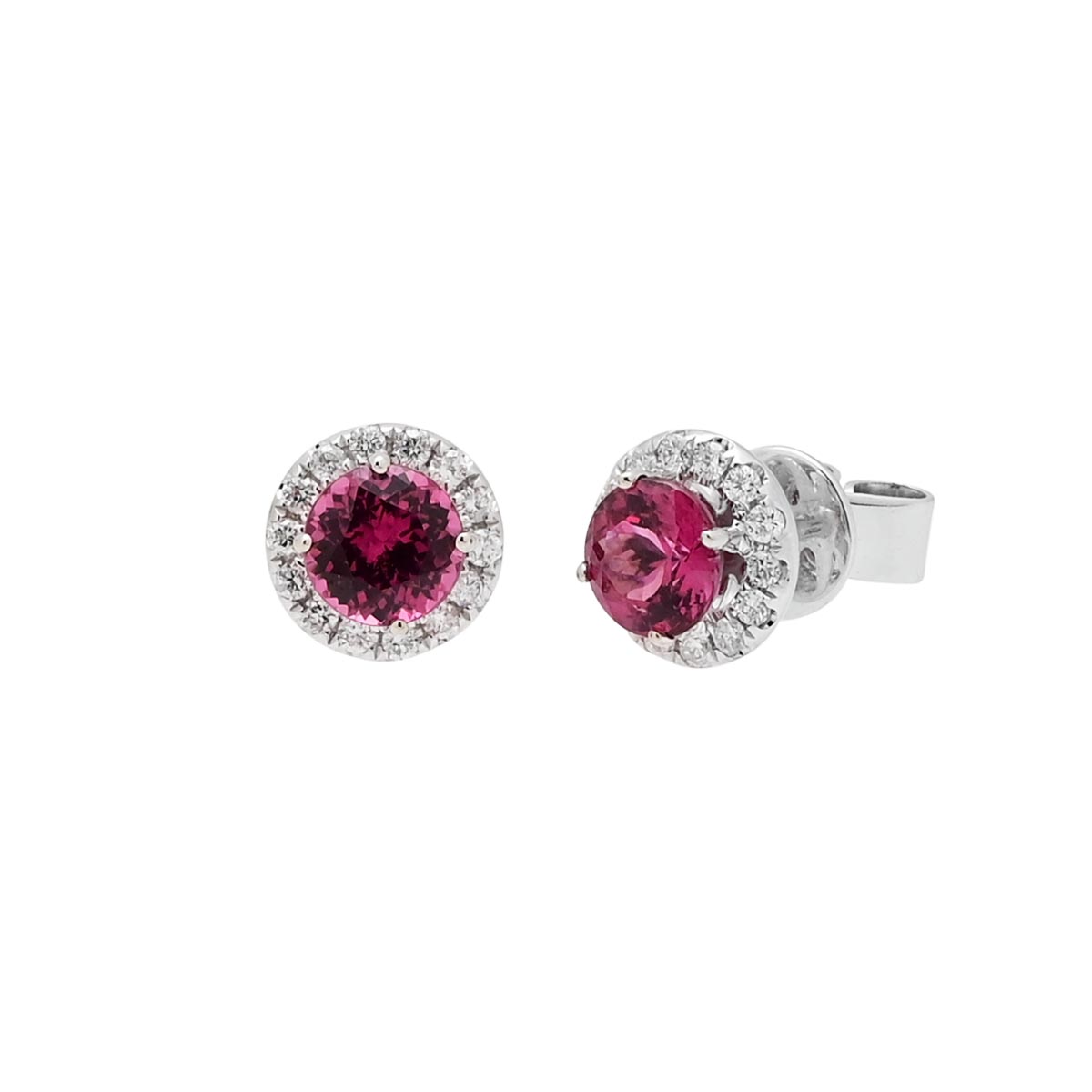 Rhodolite Garnet Halo Stud Earrings in 14kt White Gold with