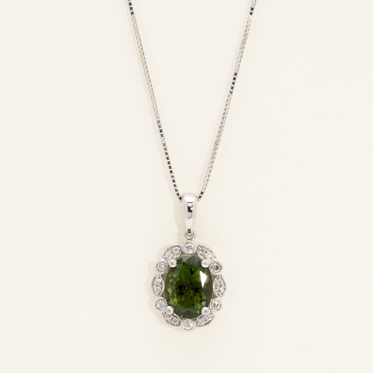 Maine Green Tourmaline Oval Halo Necklace in 14kt White Gold with