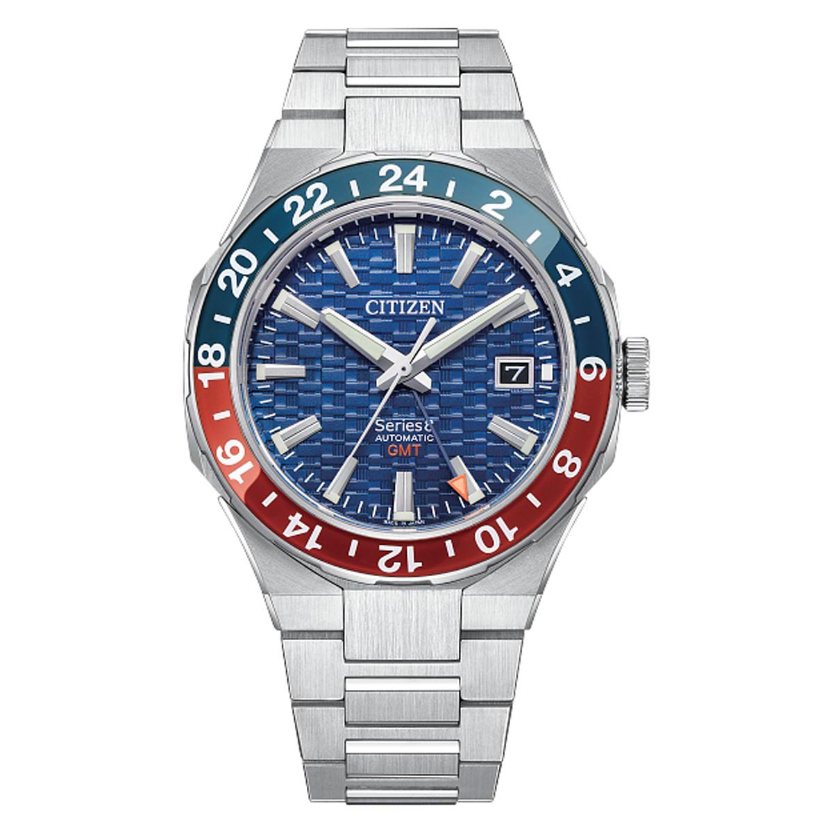 Citizen Series8 800 GMT Mens Watch with Navy Dial and Stainless Steel Bracelet (automatic movement)