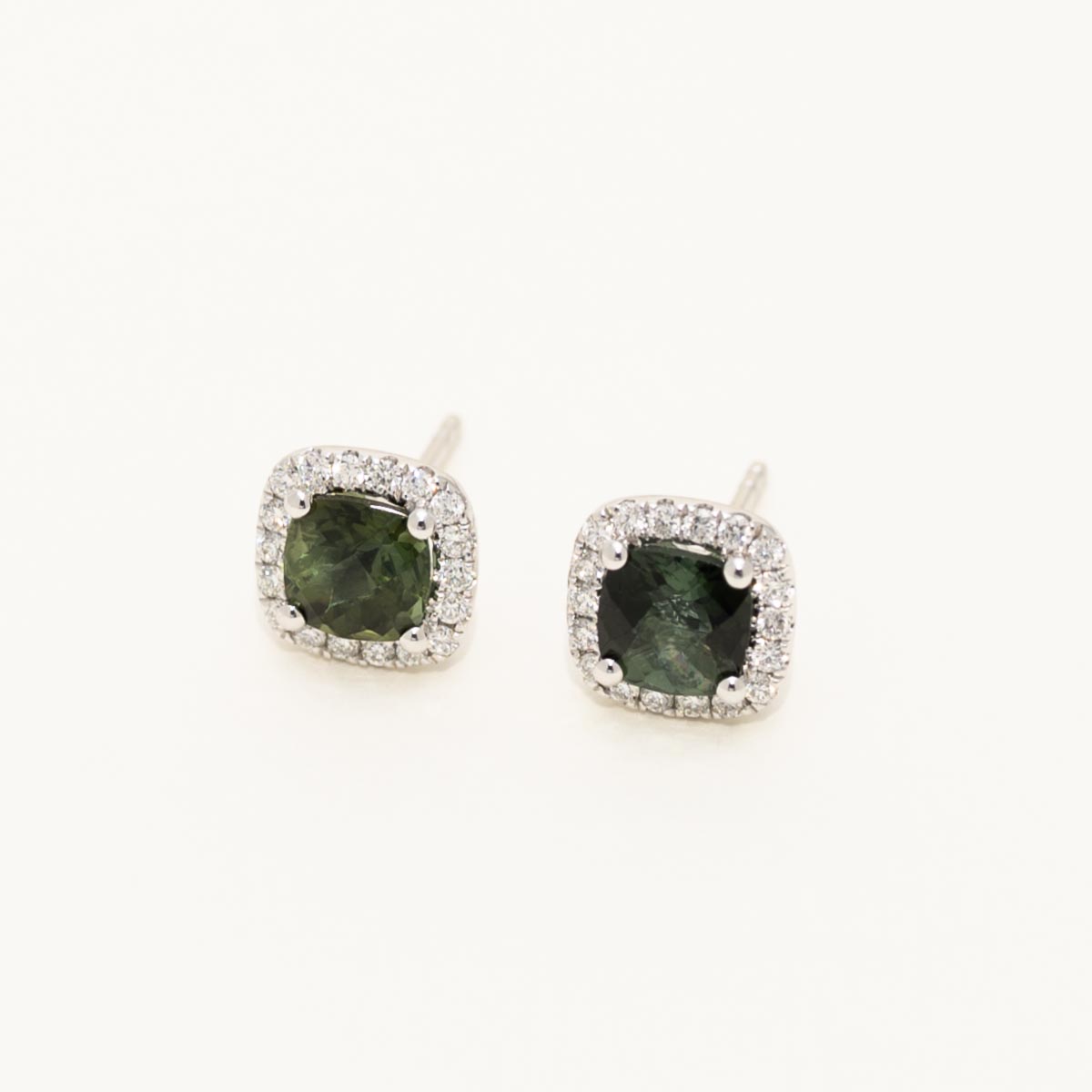 Maine Green Tourmaline Halo Stud Earrings in 14kt White Gold with