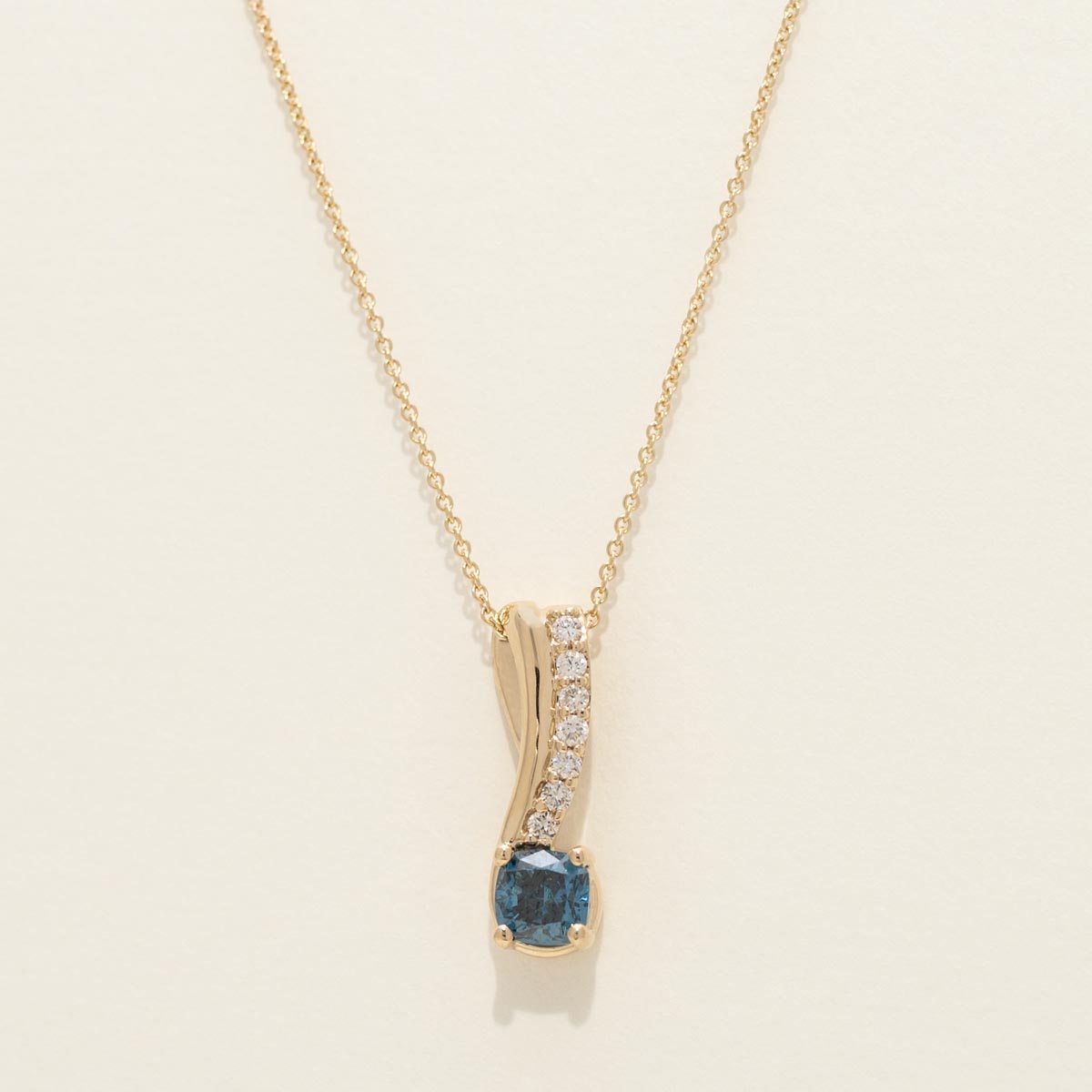 Cushion Cut Blue Diamond Necklace in 14kt Yellow Gold (3/8ct tw)