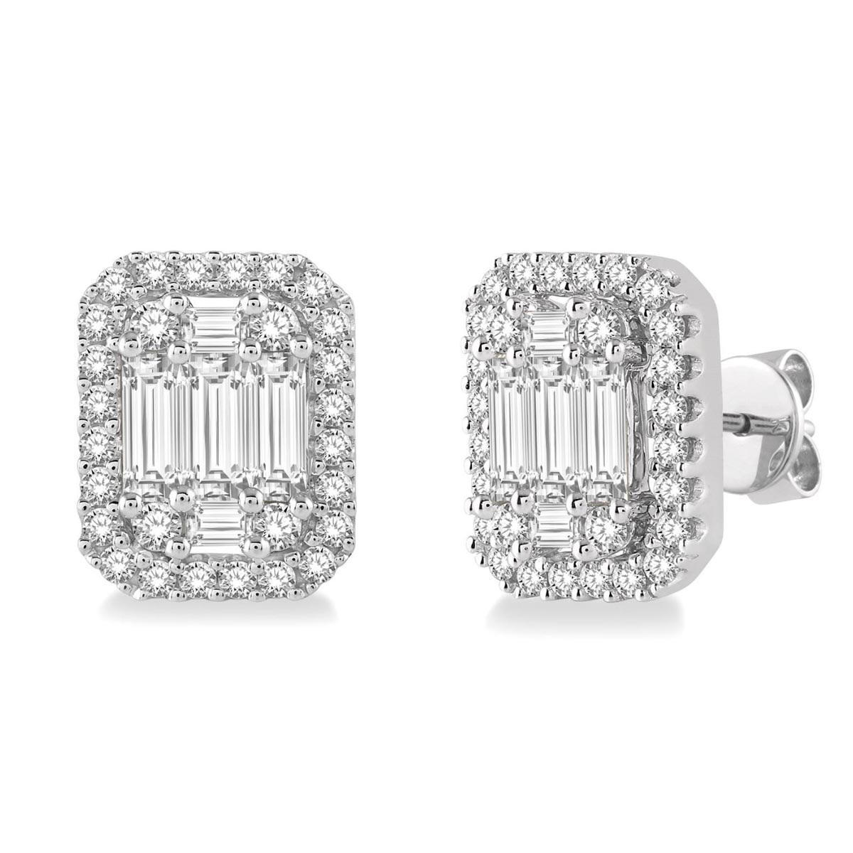 Baguette and Round Diamond Stud Earrings in 14kt White Gold (3/4ct tw)