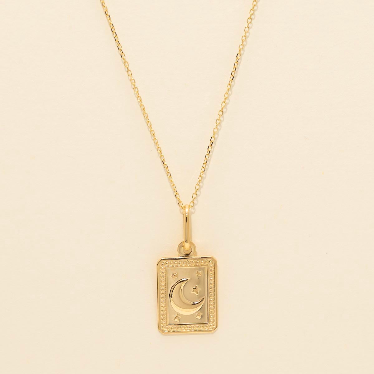 Rectangle Moon and Stars Talisman Necklace in 14kt Yellow Gold