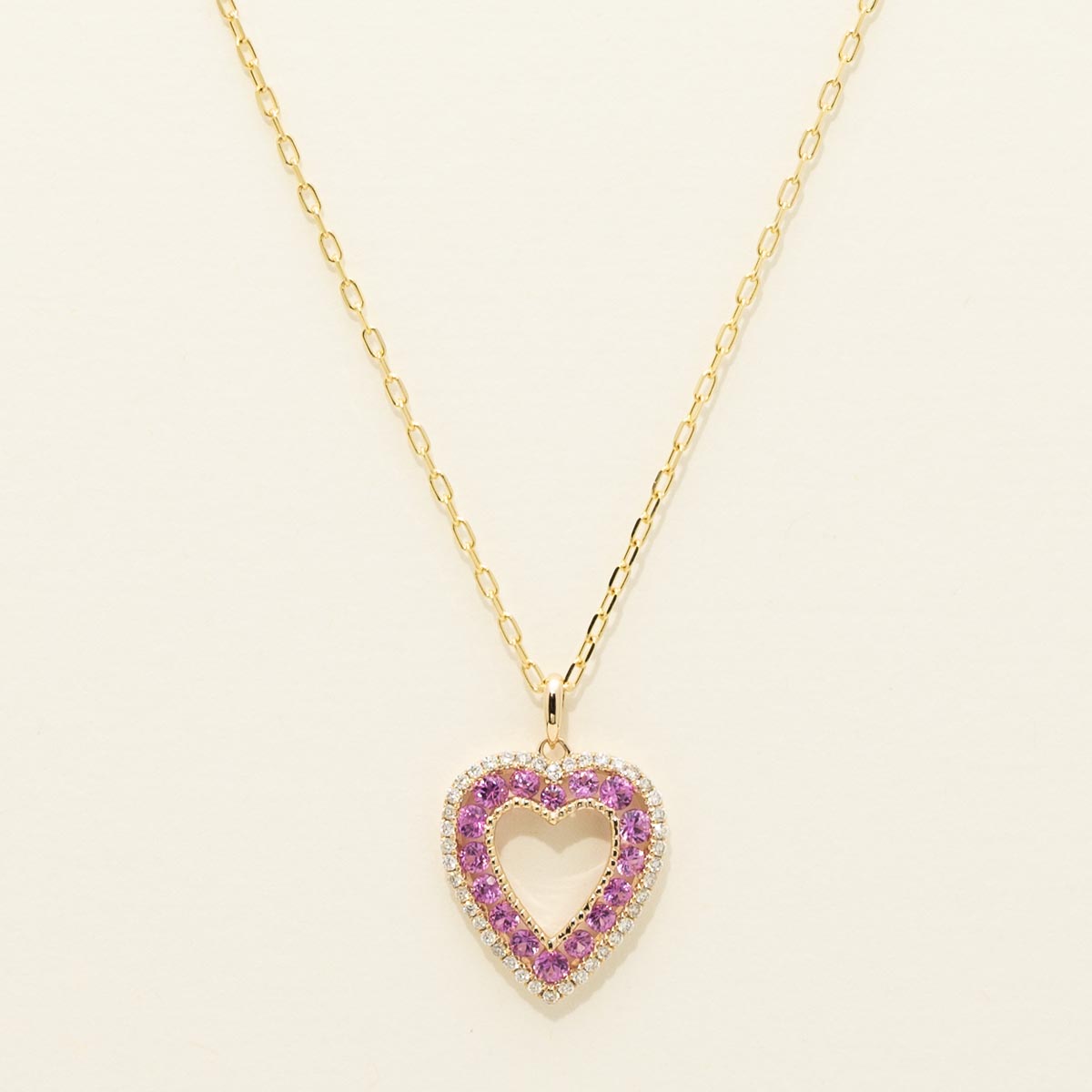 Pink Sapphire Heart Necklace in 14kt Yellow Gold with Diamonds (1