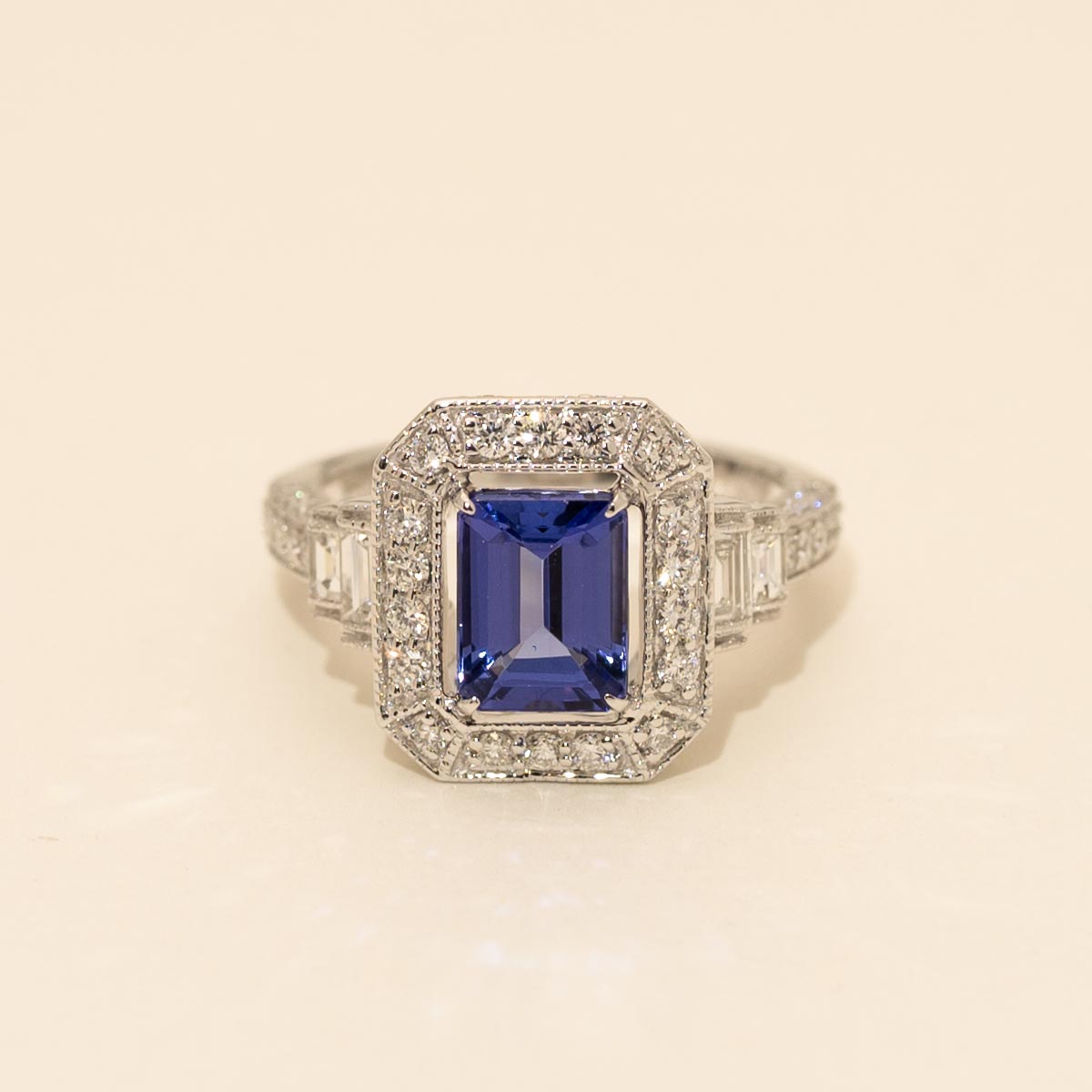 Emerald Cut Tanzanite Ring in 14kt White Gold with Diamonds (1ct