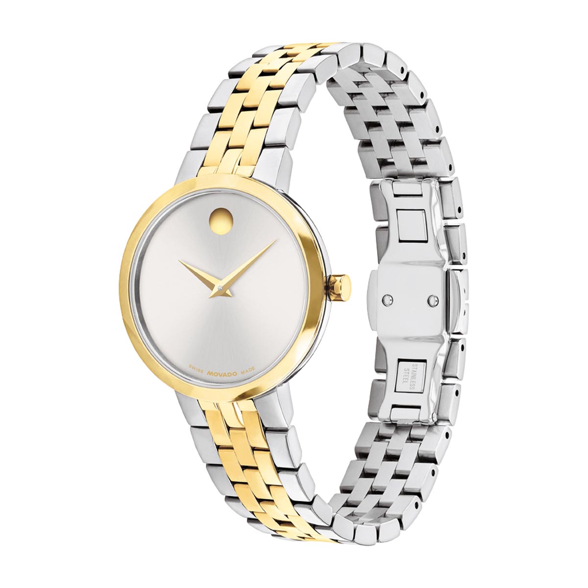 Movado Museum Classic Womens Watch with White Dial and Two Toned Stainless Steel Bracelet (Swiss quartz movement)