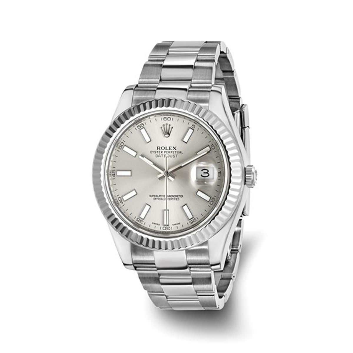 Pre Owned Rolex Mens Oyster Perpetual Datejust II with Silver Tone Dial and 18kt White Gold Fluted Bezel and Stainless Steel Oyster Bracelet (automatic movement)