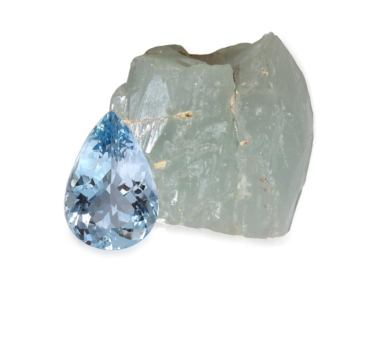 Teardrop-shaped blue gemstone next to its raw crystal on a white background