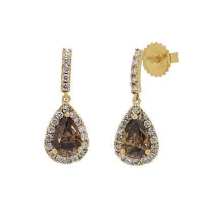 Champagne Pear Halo Diamond Earrings in 14kt Yellow Gold (2 3/8ct tw)