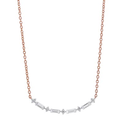 Round and Baguette Diamond Bar Necklace in 10kt Rose Gold (1/4ct tw)