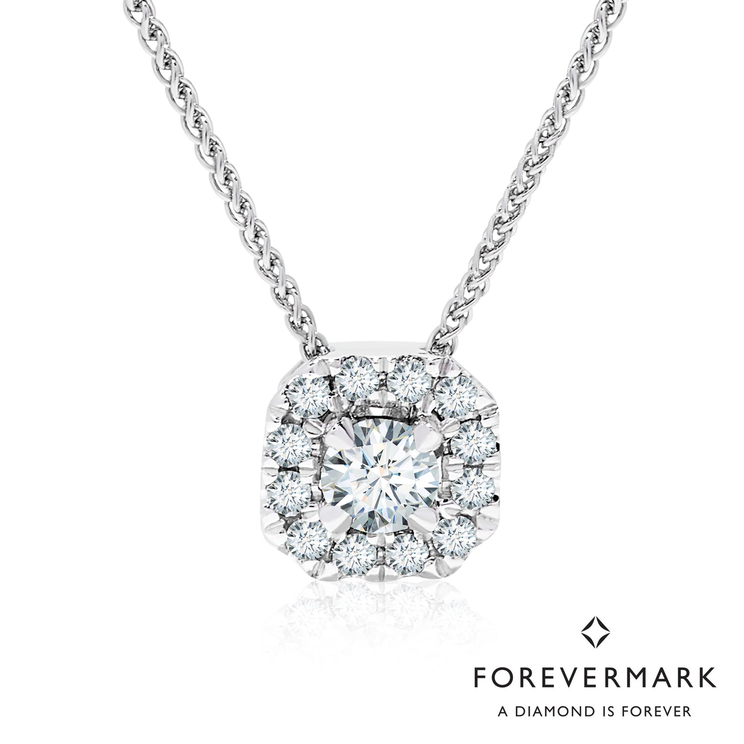 Center of My Universe Diamond Cushion Shaped Halo Necklace in 18kt White Gold (1/7ct tw)
