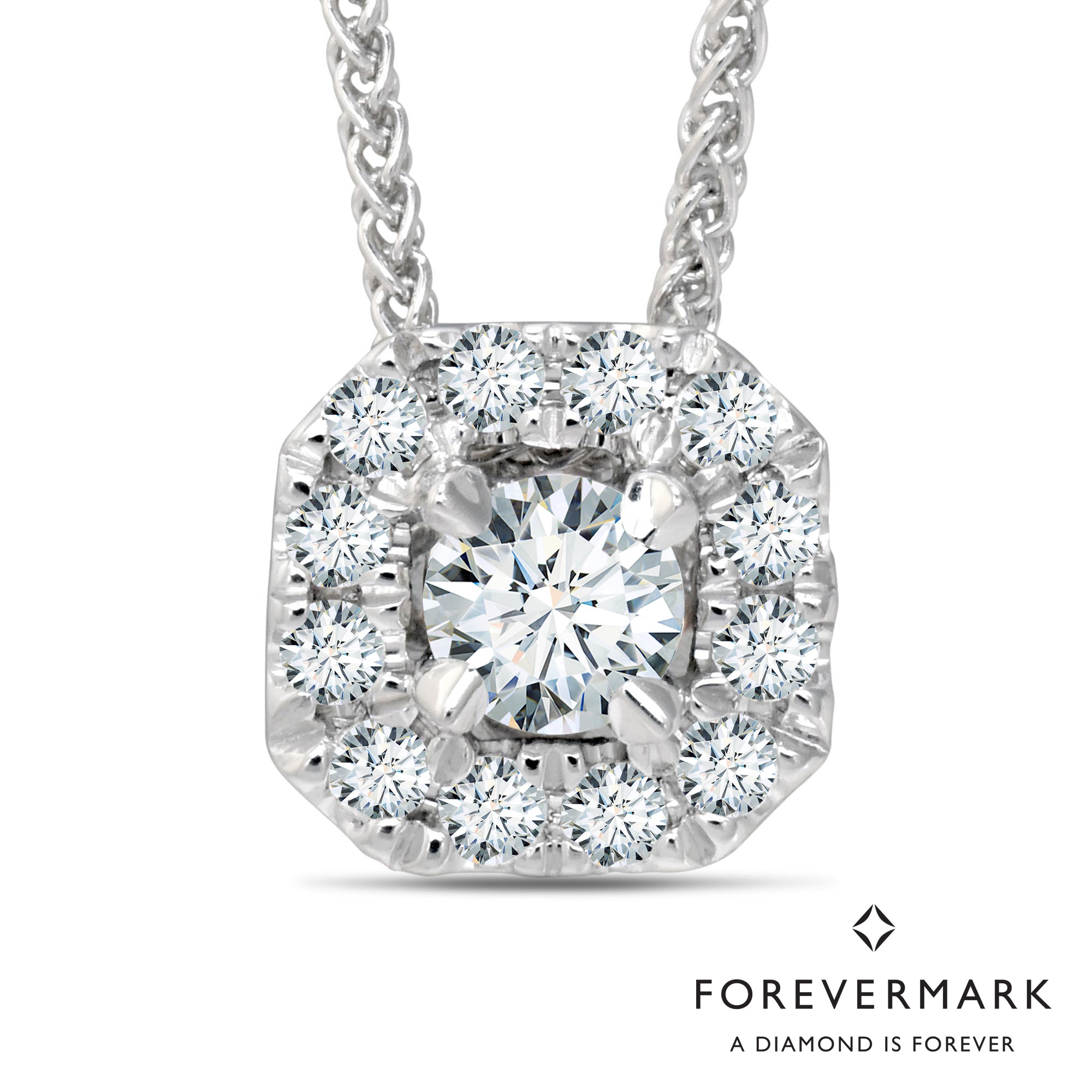 Center of My Universe Diamond Cushion Shaped Halo Necklace in 18kt White Gold (1/7ct tw)
