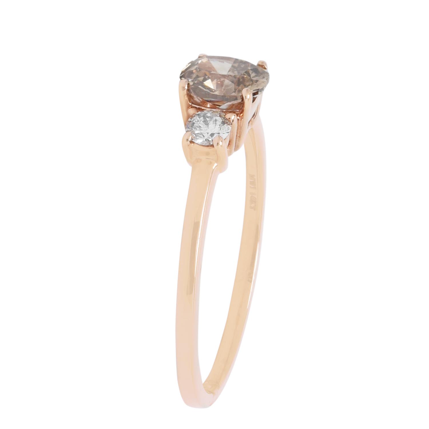 Champagne Cushion and Round Three Stone Diamond Ring in 14kt Rose Gold (3/4ct tw)