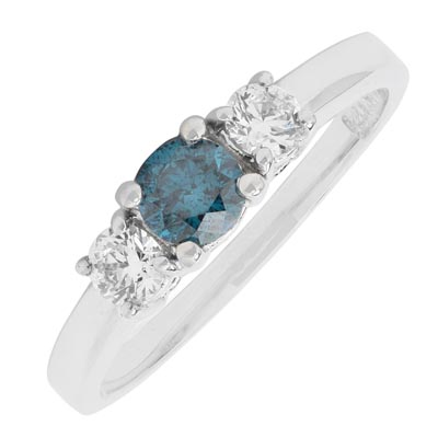 Blue and White Three Diamond Engagement Ring in 14kt White Gold (1/2ct tw)