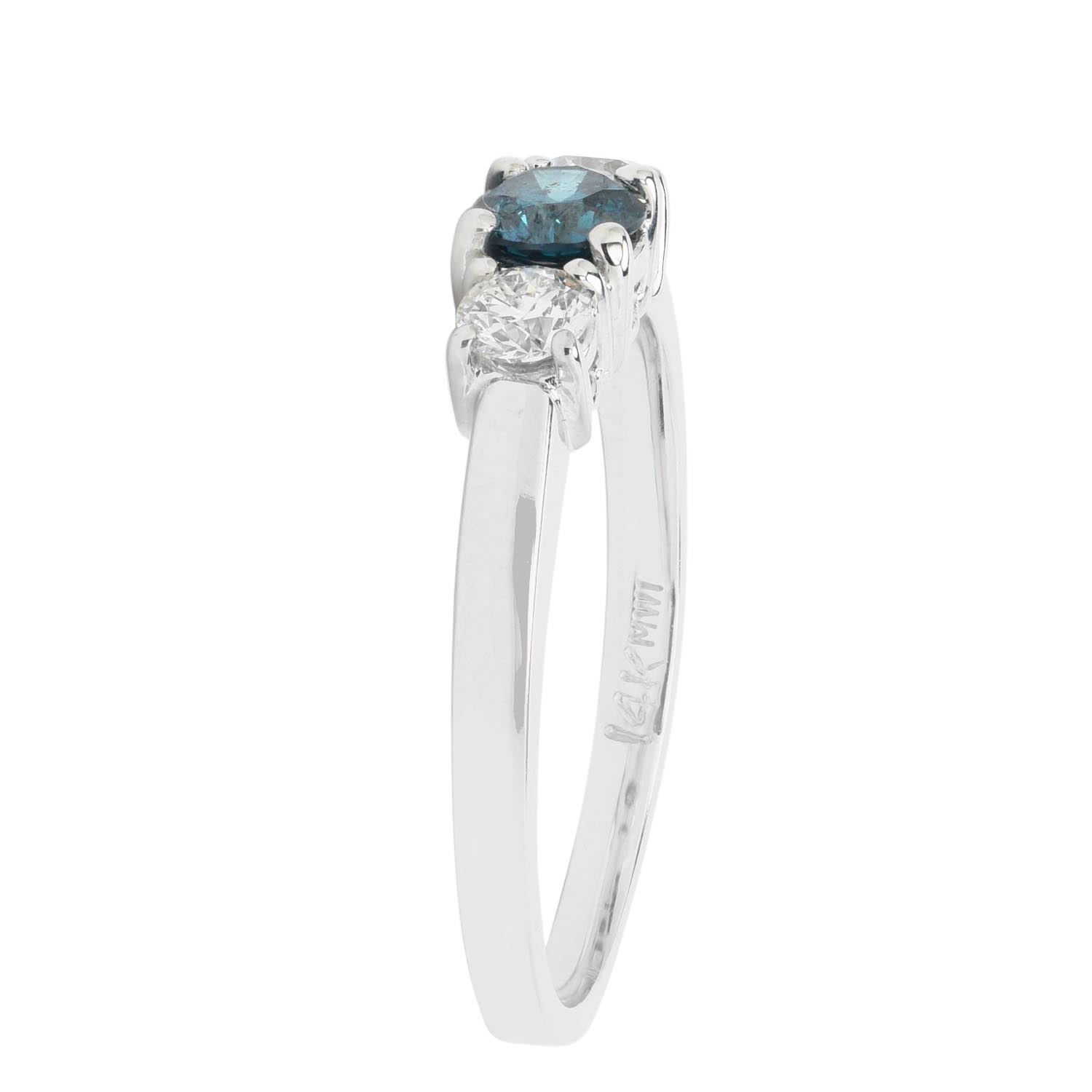 Blue and White Three Diamond Engagement Ring in 14kt White Gold (1/2ct tw)