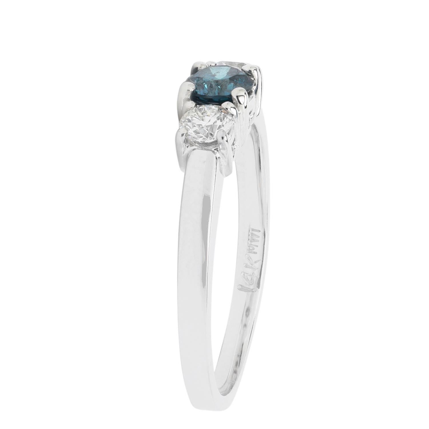 Blue and White Diamond Three Stone Engagement Ring in 14kt White Gold (1/2ct tw)