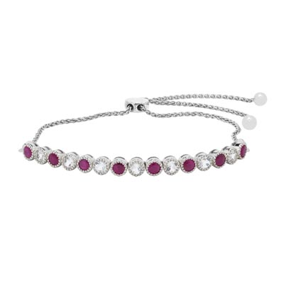 Ruby and White Topaz Bolo Bracelet in Sterling Silver