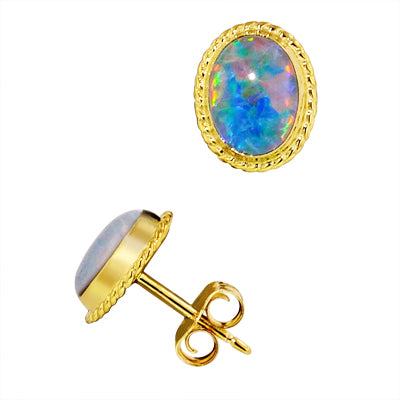 Oval Opal Triplet Stud Earrings in 14kt Yellow Gold