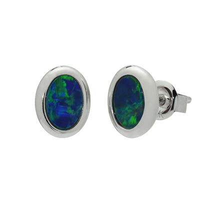 Parle Oval Australian Opal Doublet Earrings in 14kt White Gold