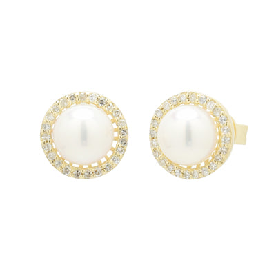 Madison L Cultured Freshwater Pearl Halo Earrings in 14kt Yellow Gold with Diamonds (1/7ct tw)