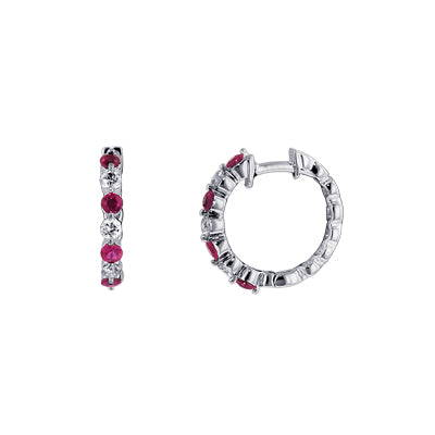 Ruby and Diamond Hoop Earrings in 14kt White Gold