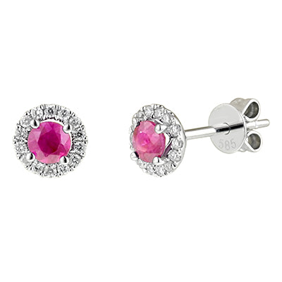 Ruby Halo Stud Earrings in 14kt White Gold with Diamonds (1/7cttw)