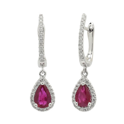 Pear Shape Ruby Earrings in 14kt White Gold with Diamonds (1/7ct tw)