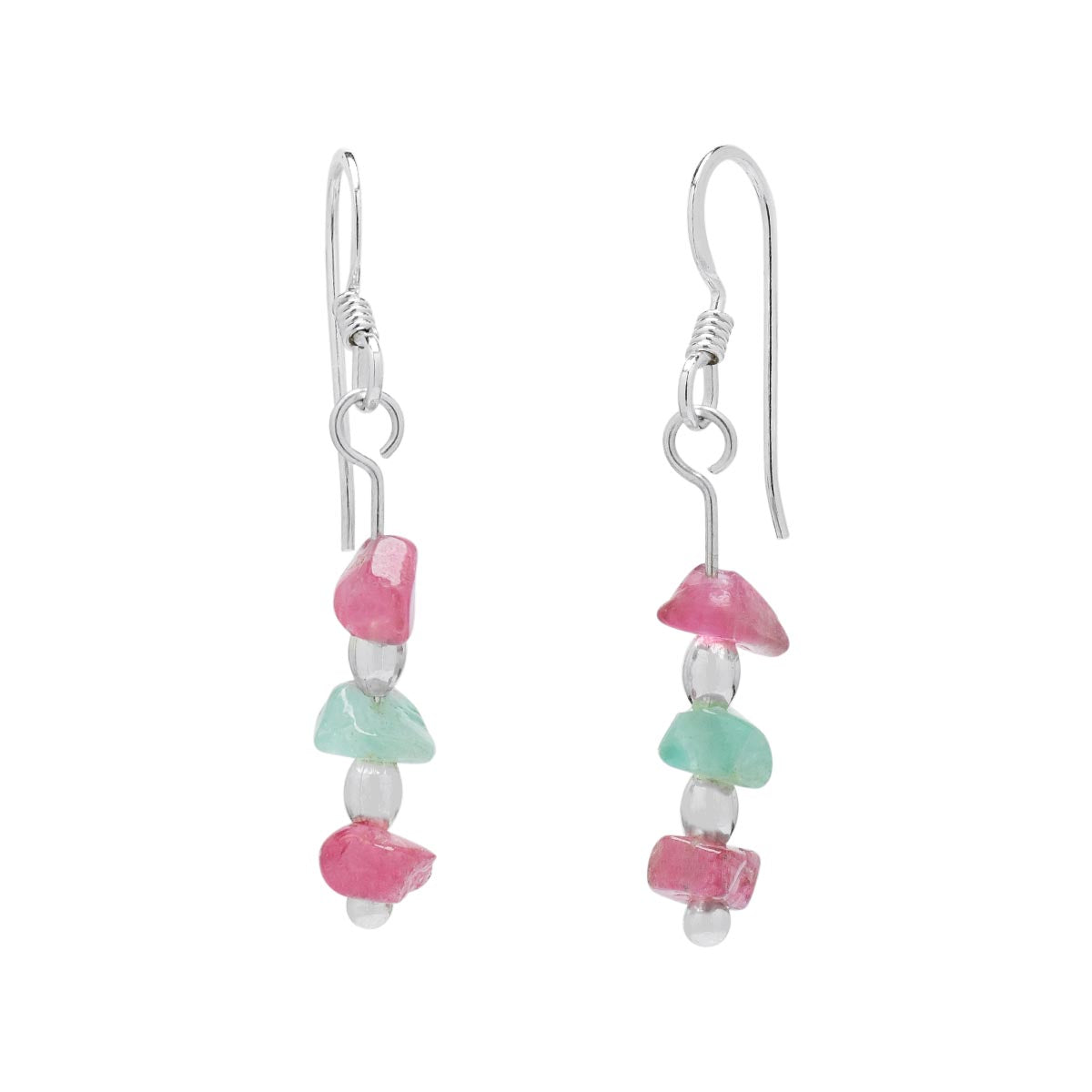 Maine Green and Pink Tourmaline Drop Earrings in Sterling Silver