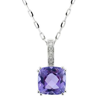 Madison L Cushion Amethyst Necklace in 14kt White Gold with Diamonds (.02ct tw)