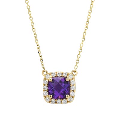 Cushion Amethyst Halo Necklace in 14kt Yellow Gold with Diamonds (1/7ct tw)