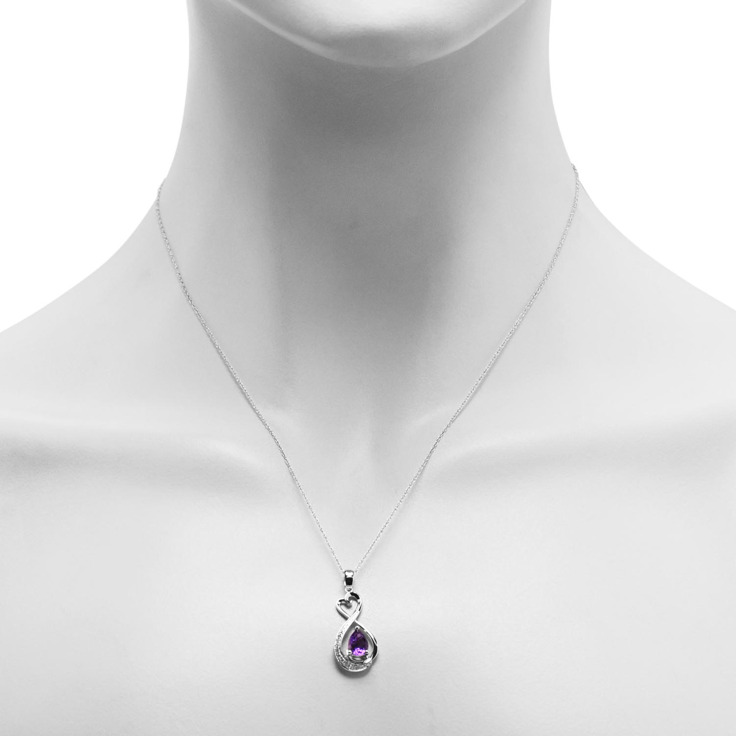 Pear Shape Amethyst Infinity Heart Necklace in 10kt White Gold with Diamonds (1/20ct tw)