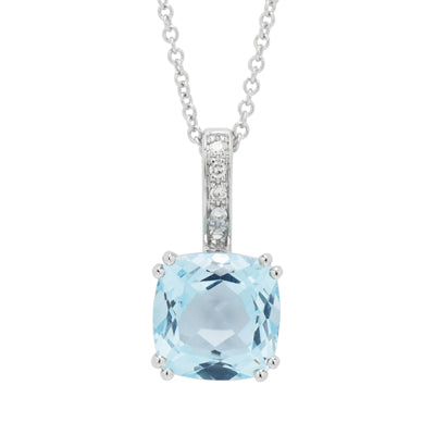 Madison L Cushion Blue Topaz Necklace in 14kt White Gold with Diamonds (.02ct tw)