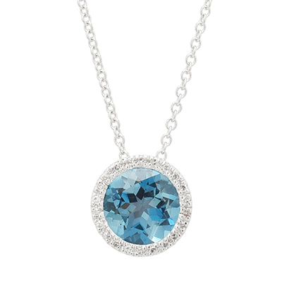 Madison L London Blue Topaz Halo Necklace in 14kt White Gold with Diamonds (1/20ct tw)
