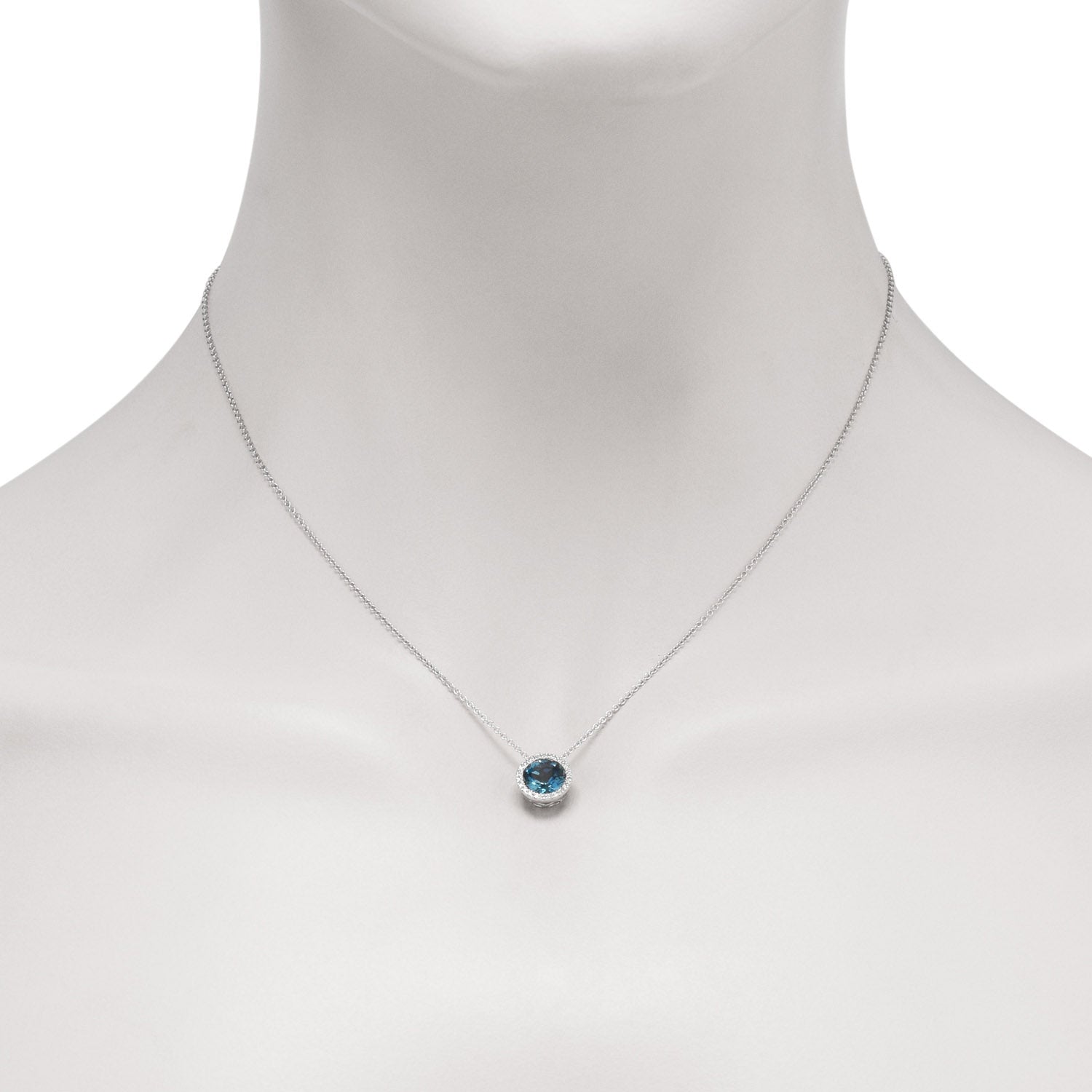 Madison L London Blue Topaz Halo Necklace in 14kt White Gold with Diamonds (1/20ct tw)